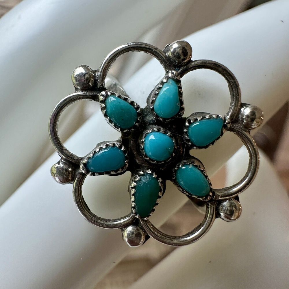 VTG Zuni Flower Ring Sz 7.25 Turquoise Petit Point Teardrop Sterling Silver 2.7g